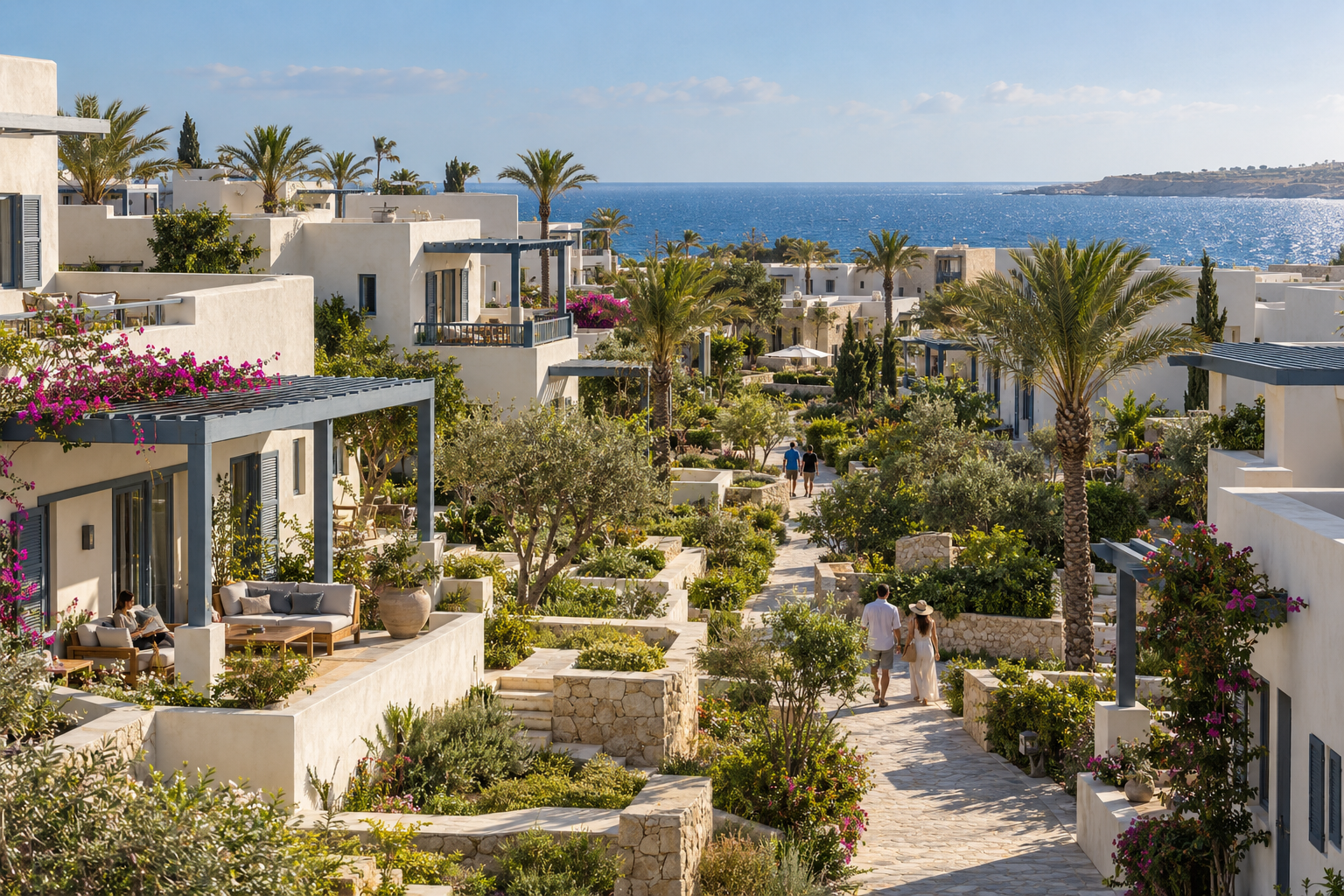 Illustrative coastal community with white homes, landscaped paths and residents