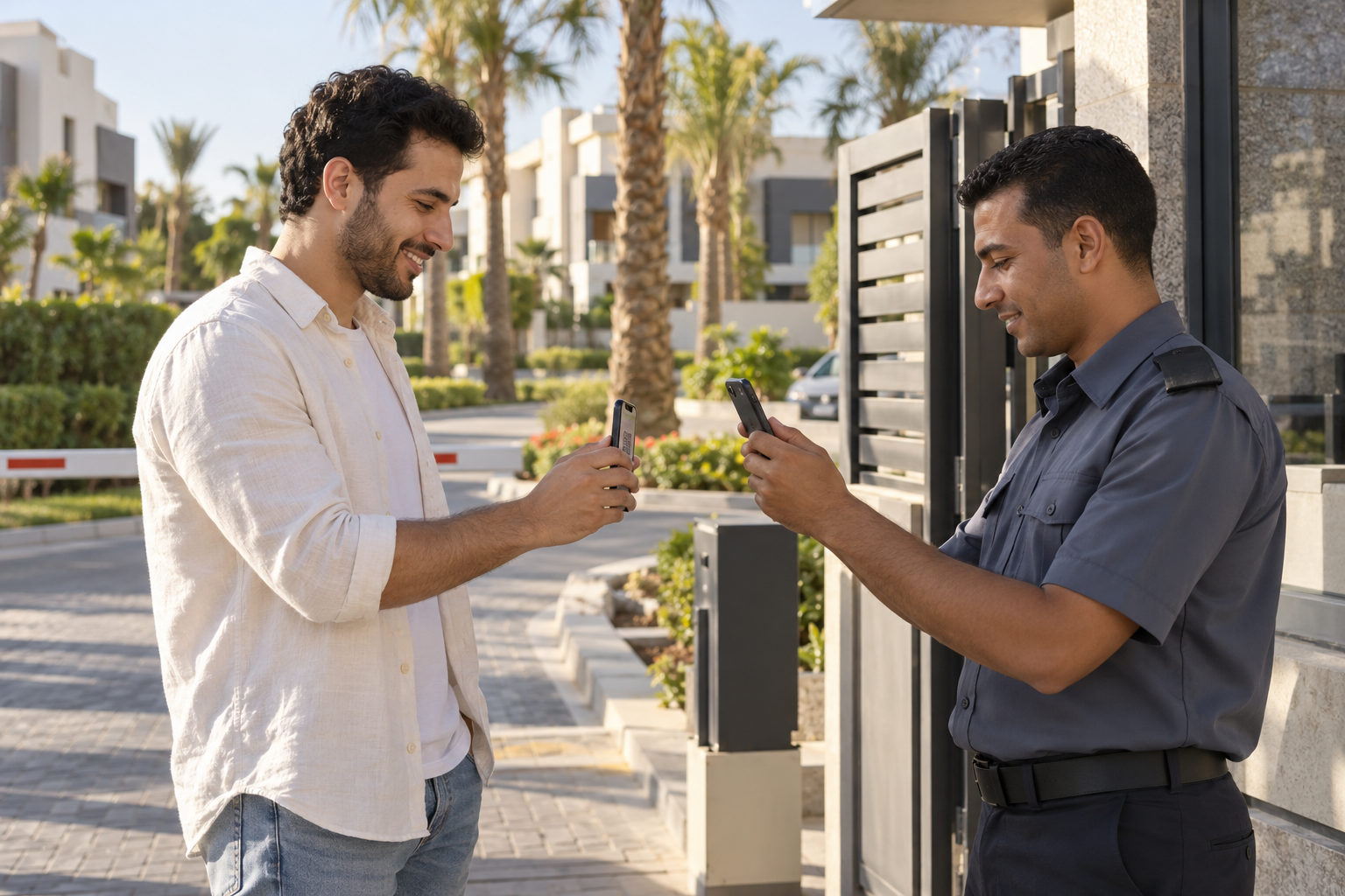 Illustrative scene: a security staff member scans a resident’s phone using another phone